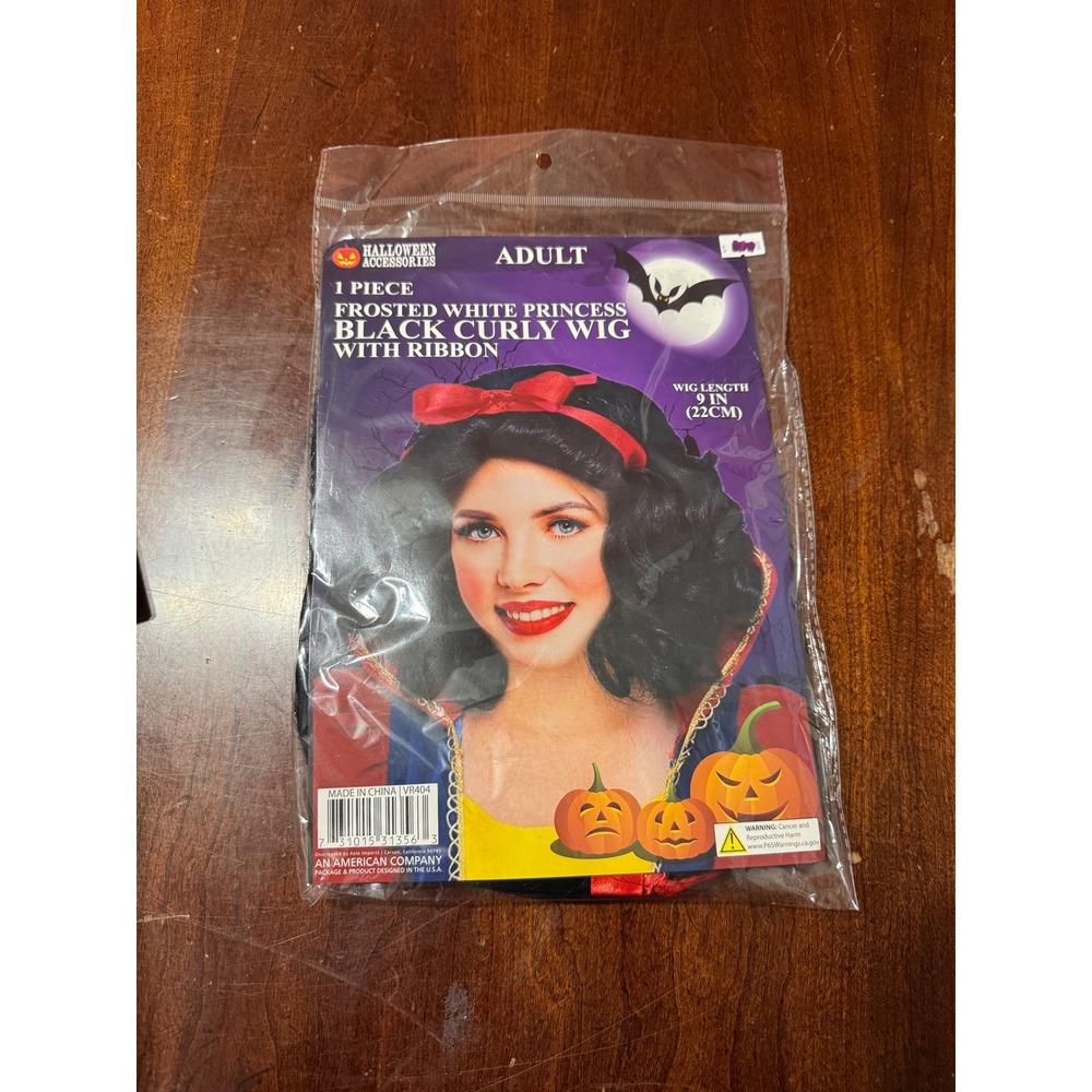 Halloween Accessories Adult Black Curly Princess Wig with Red Ribbon 9in VR404